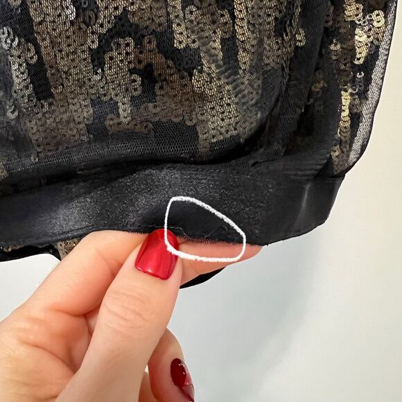 Tadashi Shoji Black Gold Sequin Mesh Illusion Cocktail Sheath Dress Size 8 - Picture 11 of 11